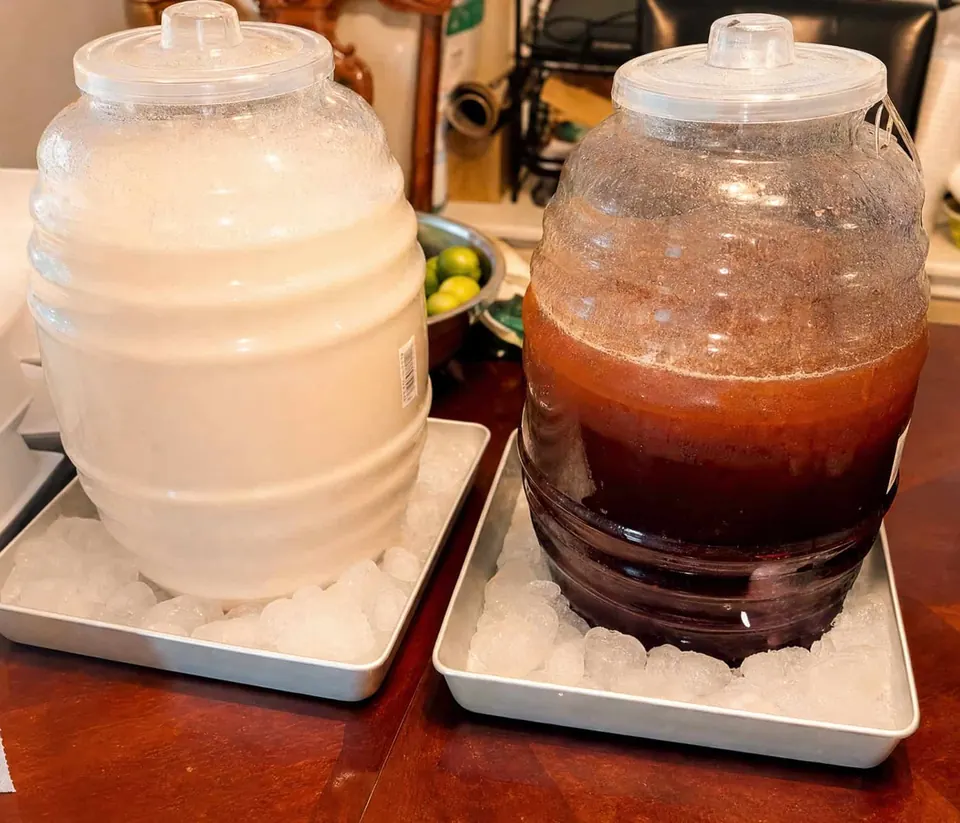Two large barrel jars of aguas frescas, horchata and jamaica, chilled on trays of ice.